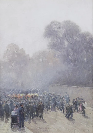 Reprodukcja obrazu Rose Maynard Barton Marching band and crowd przedstawiająca tłum ludzi i orkiestrę we mgle