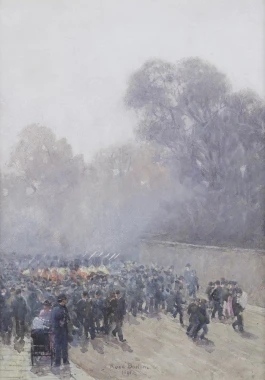Reprodukcja Marching band and crowd, Rose Maynard Barton - Wzór graficzny. Tłum ludzi w strojach, z flagami, w tle drzewa