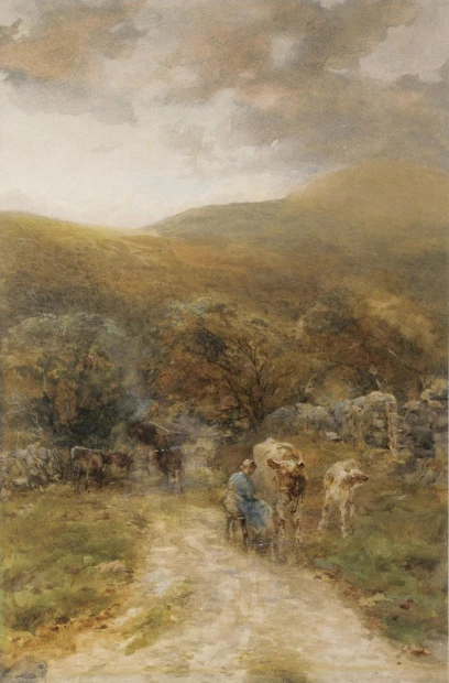 Reprodukcja Milking time, Rose Maynard Barton - Wzór graficzny. Scena wiejska z postaciami i bydłem na drodze, w tle góry