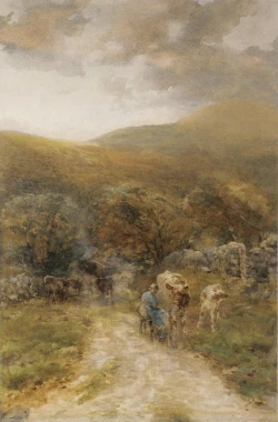 Reprodukcja Milking time, Rose Maynard Barton - Wzór graficzny. Scena wiejska z postaciami i bydłem na drodze, w tle góry
