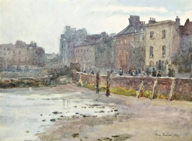 Reprodukcja Old Chelsea Wall, London, Rose Maynard Barton - Wzór graficzny. Obraz przedstawia widok na budynki nad wodą