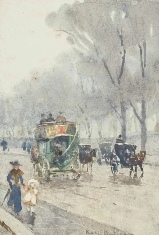Reprodukcja Park Lane with omnibus, Rose Maynard Barton - Wzór graficzny. Obraz przedstawia ulicę z powozem, drzewami