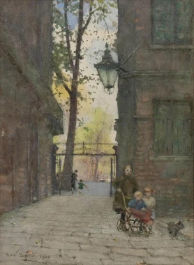 Reprodukcja Parks Place, Knightsbridge, London, Rose Maynard Barton - Wzór graficzny. Ulica z drzewami, dzieci na rowerze