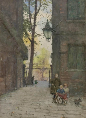 Reprodukcja Parks Place, Knightsbridge, London, Rose Maynard Barton - Wzór graficzny. Ulica z drzewami, dzieci na rowerze