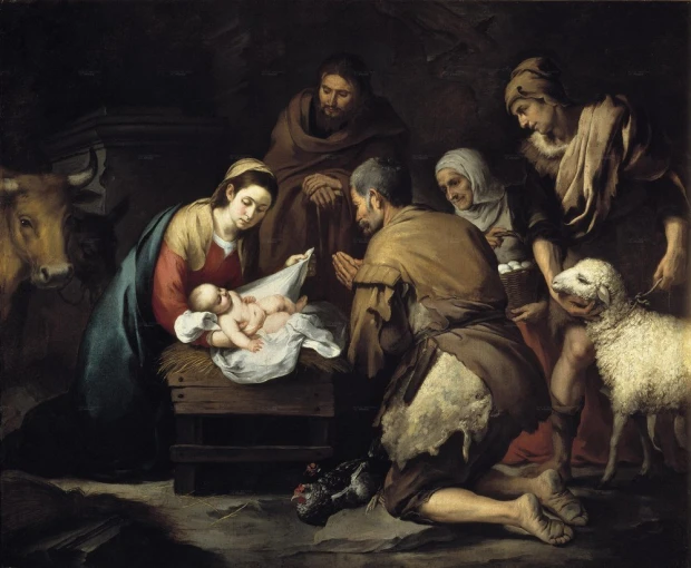 Reprodukcja Pokłon pasterzy, Bartolome Esteban Murillo - Wzór graficzny. Postacie klęczące wokół żłóbka, w tle zwierzęta