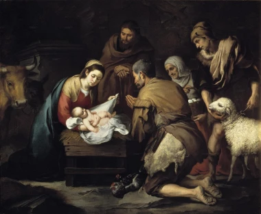 Reprodukcja Pokłon pasterzy, Bartolome Esteban Murillo - Wzór graficzny. Postacie klęczące wokół żłóbka, w tle zwierzęta