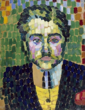 Reprodukcja Portait of Jean Metzinger, Robert Delaunay - Wzór graficzny. Obraz przedstawia twarz z geometrycznymi kształtami