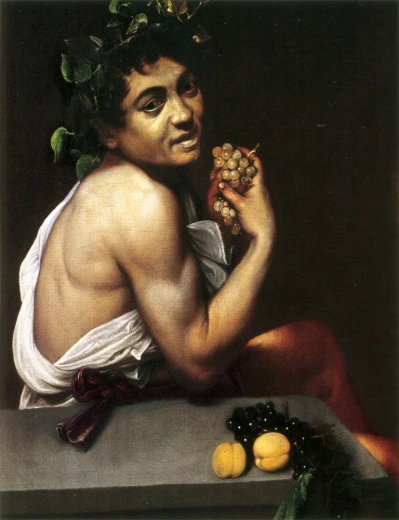 Reprodukcja obrazu Sick Bacchus Michelangela Caravaggia przedstawiająca chorego Bachusa z winogronami i owocami