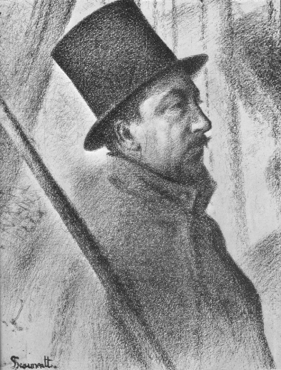 Reprodukcja obrazu Georgesa Seurata Portrait of Paul Signac przedstawiająca czarno-biały portret mężczyzny w cylindrze