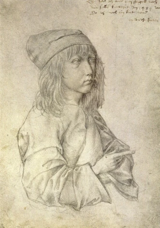 Reprodukcja Self-portrait at the age of thirteen, Albrecht Durer - Wzór graficzny. Młody chłopiec z długimi włosami