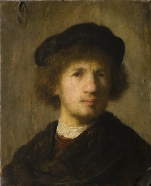 Reprodukcja Selfportrait, Rembrandt - Wzór graficzny. Obraz przedstawia portret mężczyzny z kręconymi włosami i kapeluszem