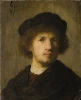 Reprodukcja Selfportrait, Rembrandt - Wzór graficzny. Obraz przedstawia portret mężczyzny z kręconymi włosami i kapeluszem