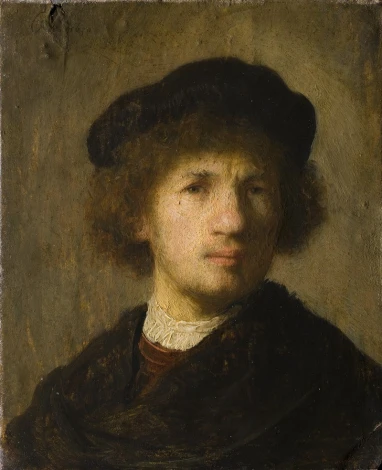 Reprodukcja Selfportrait, Rembrandt - Wzór graficzny. Obraz przedstawia portret mężczyzny z kręconymi włosami i kapeluszem