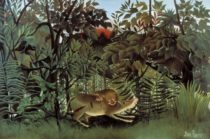 Reprodukcja The Hungry Lion Attacking an Antelope, Henri Rousseau - Wzór graficzny. Obraz przedstawia lwa w gęstej dżungli