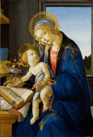 Reprodukcja The Virgin and Child, Sandro Botticelli - Wzór graficzny. Postacie Madonny i Dzieciątka w stonowanych kolorach