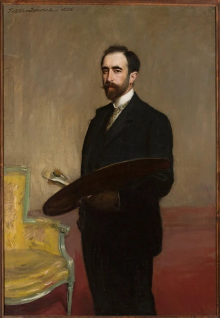 Reprodukcja Autoportret z paletą, Teodor Axentowicz - Wzór graficzny. Mężczyzna w ciemnym garniturze trzyma paletę, z tłem