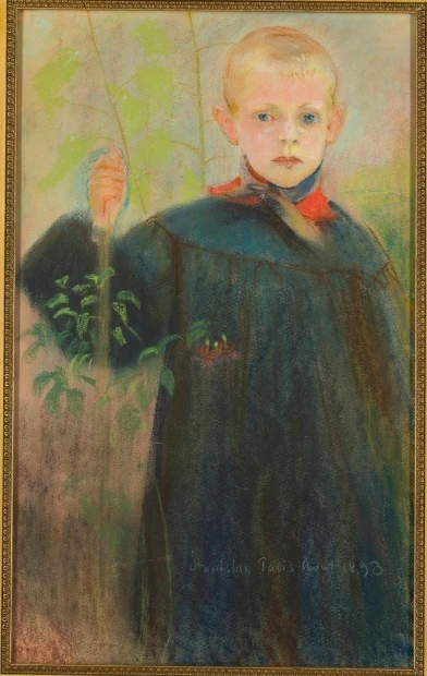 Reprodukcja Chłopiec z kwiatem, Stanisław Wyspiański - Wzór graficzny. Chłopiec w ciemnym płaszczu z kwiatem, tło