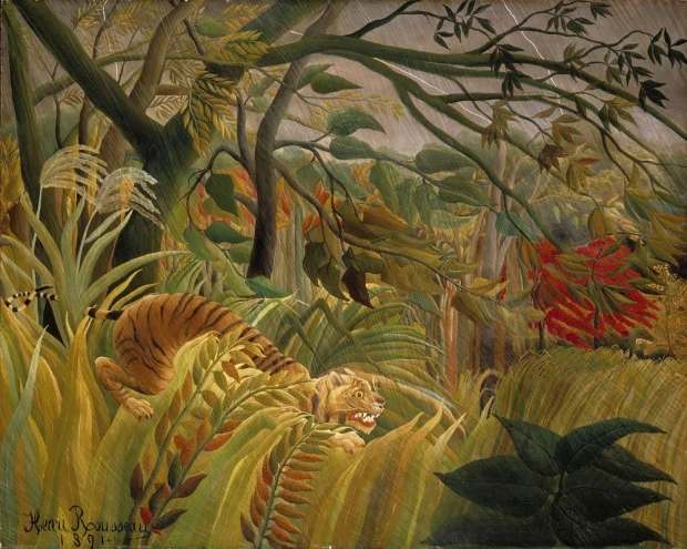Reprodukcja iger in a Tropical Storm - Surprised!, Henri Rousseau - Wzór graficzny. Obraz przedstawia tygrysa w gęstej