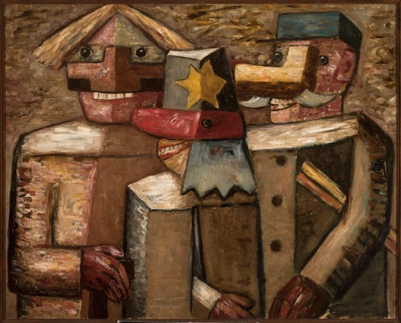 Reprodukcja Kolejarze, Tadeusz Makowski - Wzór graficzny. Trzy postacie o geometrycznych kształtach, z wyraźnymi detalami