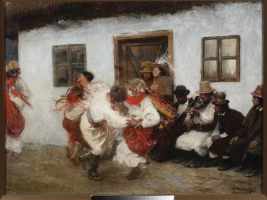 Reprodukcja Kołomyjka, Teodor Axentowicz - Aranżacja w sali. Ściany w jasnych kolorach, drewniane meble i tradycyjne