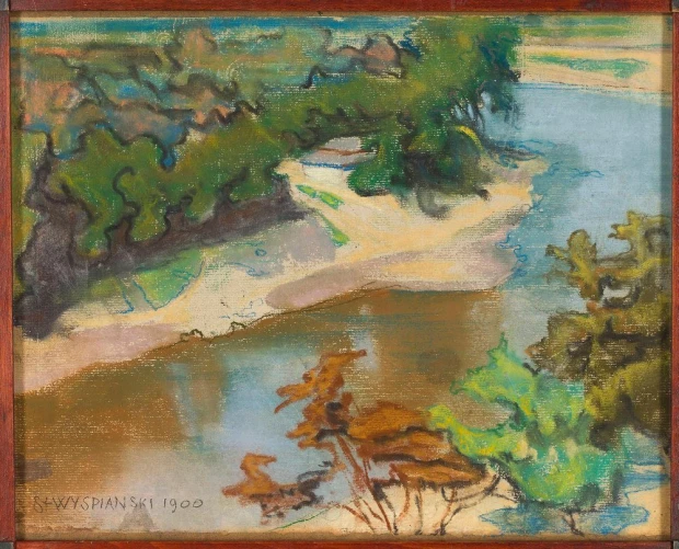 Reprodukcja Pejzaż z rzeką, Stanisław Wyspiański - Wzór graficzny. Obraz przedstawia rzekę otoczoną zielenią i brązowymi