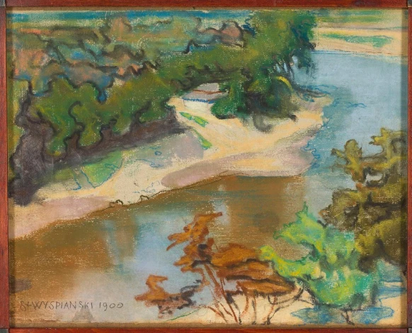 Reprodukcja Pejzaż z rzeką, Stanisław Wyspiański - Wzór graficzny. Obraz przedstawia rzekę otoczoną zielenią i brązowymi