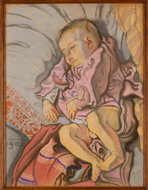 Reprodukcja Śpiące dziecko na poduszce, Stanisław Wyspiański - Wzór graficzny. Dziecko śpi na poduszce, w różowej koszulce