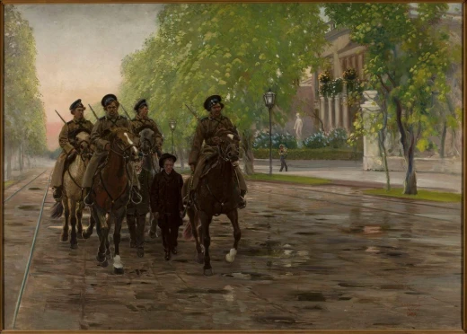 Reprodukcja obrazu Wiosna 1905 Stanisława Masłowskiego przedstawiająca patrol kozacki na mokrej ulicy Warszawy