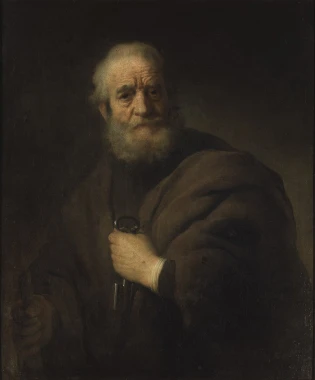 Reprodukcja St Peter, Rembrandt - Wzór graficzny. Mężczyzna z siwą brodą, w brązowej szacie, trzyma klucze
