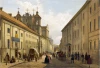 Reprodukcja Street in Vilnius in 19th century, Zygmunt Vogel - Wzór graficzny. Ulica z budynkami, ludźmi i końmi, w tle