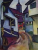 Reprodukcja Street with church in Kandern, August Macke - Wzór graficzny. Uliczka z domami, kościół w tle, intensywne