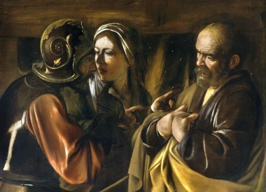 Reprodukcja Denial of Saint Peter, Michelangelo Caravaggio - Wzór graficzny. Obraz przedstawia trzy postacie w intensywnych
