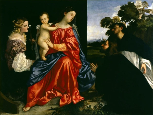 Reprodukcja Madonna and Child with Sts Catherine and Dominic and a Donor, Tycjan - Wzór graficzny. Obraz przedstawia