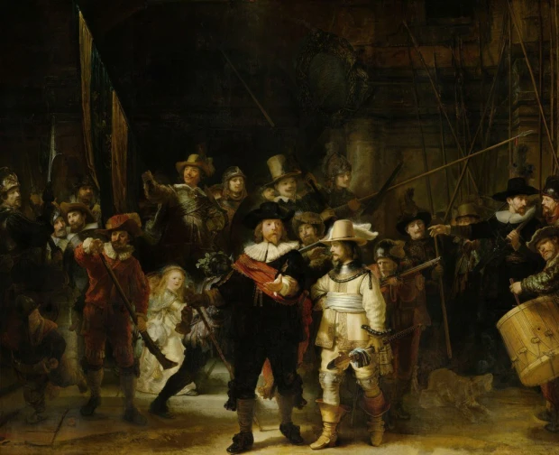 Reprodukcja obrazu Night Watch Rembrandta przedstawiająca grupę strażników miejskich w ciemnej scenerii