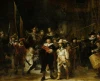 Reprodukcja Night Watch, Rembrandt - Wzór graficzny. Obraz przedstawia grupę postaci w historycznych strojach, z bronią