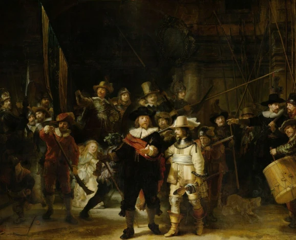 Reprodukcja Night Watch, Rembrandt - Wzór graficzny. Obraz przedstawia grupę postaci w historycznych strojach, z bronią