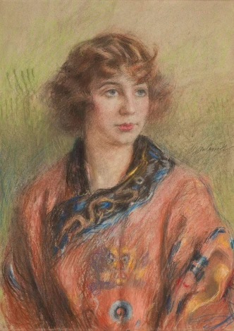 Reprodukcja Portret kobiety w chińskiej ślubnej szacie kobiecej -longpao, Teodor Axentowicz - Wzór graficzny. Kobieta