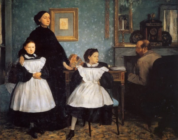 Reprodukcja The Belleli Family, Edgar Degas - Wzór graficzny. Dwie dziewczynki w białych sukienkach, kobieta w czerni