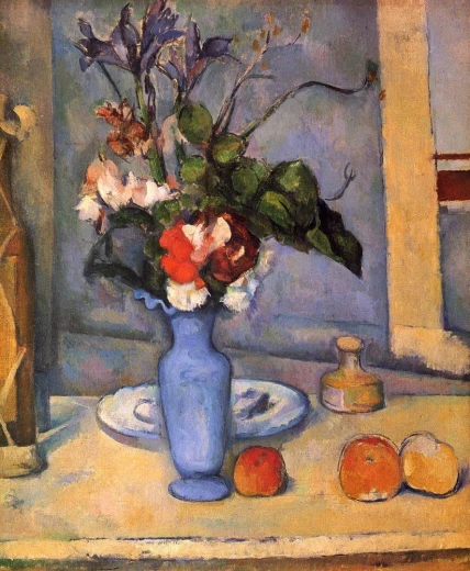 Reprodukcja obrazu Paula Cézanne’a The Blue Vase przedstawiająca niebieski wazon z kwiatami i owoce na stole
