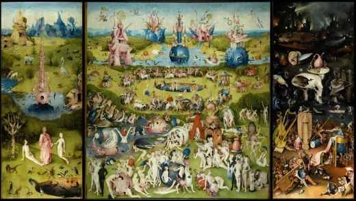 Reprodukcja obrazu Hieronima Boscha The Garden of Earthly Delights przedstawiająca pełen detali, surrealistyczny tryptyk