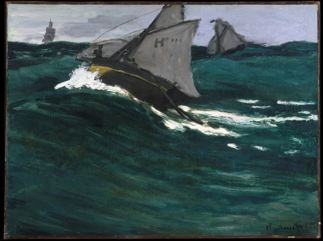 Reprodukcja The Green Wave, Claude Monet - Wzór graficzny. Obraz przedstawia fale morskie oraz łodzie na wzburzonej wodzie