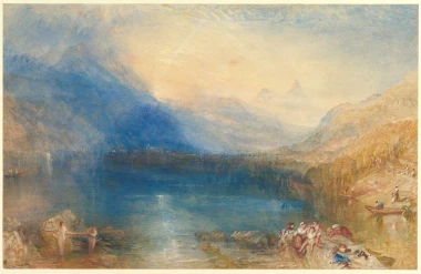 Reprodukcja The Lake of Zug, William Turner - Wzór graficzny. Obraz przedstawia jezioro otoczone górami, z postaciami ludzi