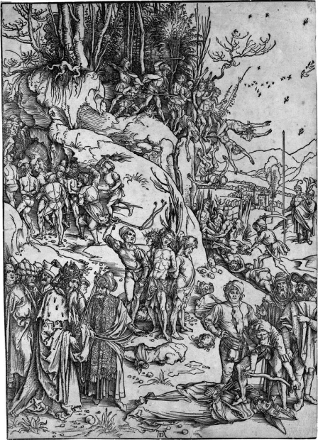 Reprodukcja The Martyrdom of the Ten Thousand, Albrecht Durer - Wzór graficzny. Scena z postaciami w różnych pozach