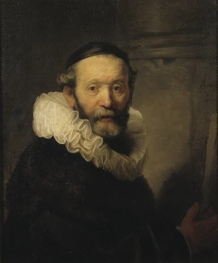 Reprodukcja The Preacher Johannes Uyttenbogaert, Rembrandt - Wzór graficzny. Mężczyzna w ciemnym ubraniu z białym