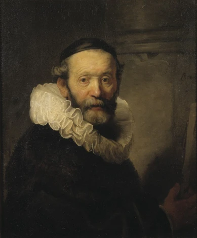 Reprodukcja The Preacher Johannes Uyttenbogaert, Rembrandt - Wzór graficzny. Mężczyzna w ciemnym ubraniu z białym