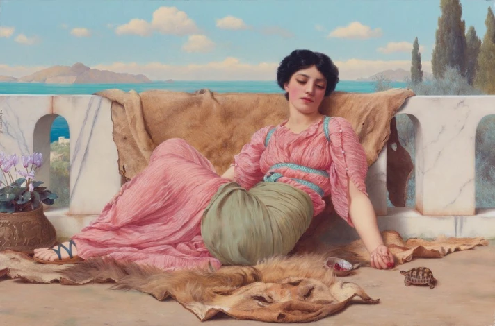 Reprodukcja The Quiet Pet, William Godward - Wzór graficzny. Kobieta w różowej sukni leży na futrze, obok niej żółw i kwiaty