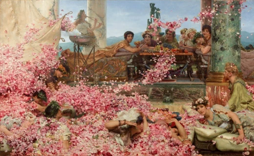 Reprodukcja obrazu Lawrence\'a Alma-Tademy pod tytułem The Roses of Heliogabalus przedstawiająca deszcz różanych płatków