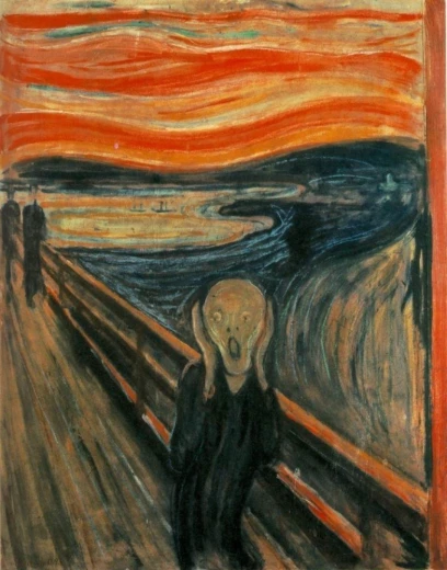 Reprodukcja obrazu Edvarda Muncha The Scream przedstawiająca krzyczącą postać na tle ognistego nieba