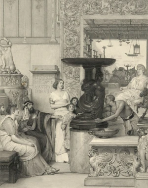 Reprodukcja The Sculpture Gallery, Lawrence Alma-Tadema - Wzór graficzny. Scena z postaciami w antycznych strojach wokół