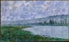 Reprodukcja The Seine at Vetheui, Claude Monet - Wzór graficzny. Obraz przedstawia rzekę otoczoną zielenią, z drzewami w tle